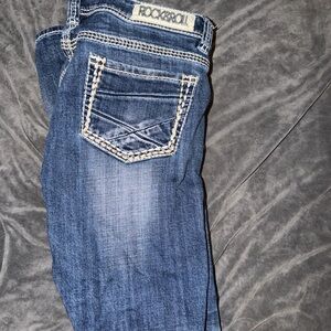 Rock & Roll Rival Women’s 31x34 Low Rise Thick Stitch Distressed Cowgirl Jeans